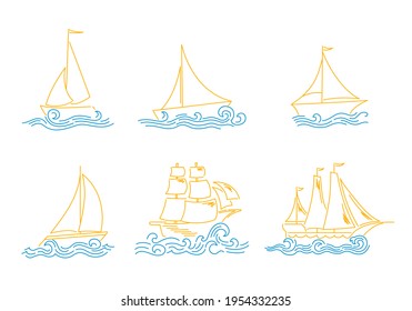 Vector doodle set with simple sailboats and waves.