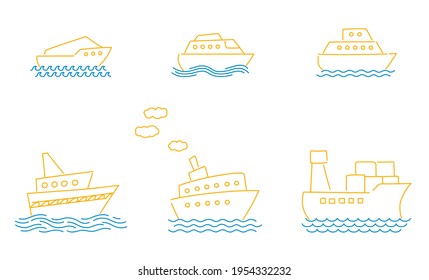 Vector doodle set with simple ships and waves.