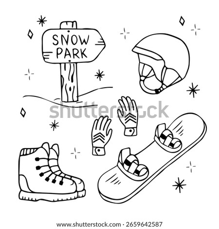 Vector doodle set of snowboarding gear in black and white. Includes snowboard, helmet, boots, gloves, and Snow Park sign. Hand-drawn ink style, great for prints, stickers, or outdoor sport designs.