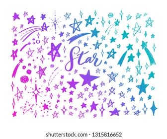 Vector doodle set of stars. Hand drawn sketch styled elements. Isolated objects. Background, pattern, set