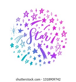 Vector doodle set of stars. Hand drawn sketch circle of stars. Isolated objects. Background, pattern, set