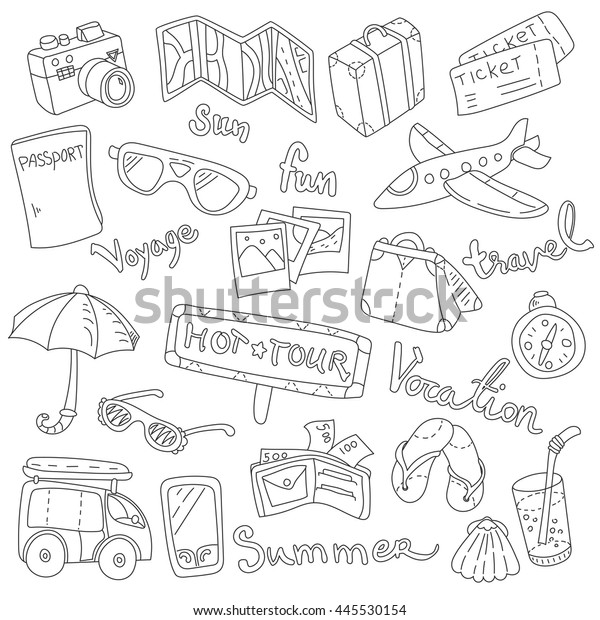 vector doodle set of\
summer vocation icons.