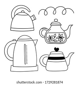 Vector doodle set of teapot. Cooking, kitchen utensils, home elements. hand illustration isolated on white background.