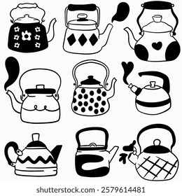 Vector doodle set of teapots of different shapes in retro style with black line, lettering for coffee shop logo, pastry shop, bakery, branding, print