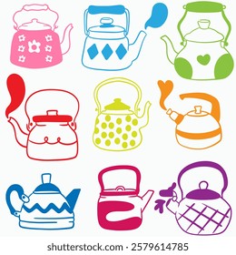 Vector doodle set of teapots of different shapes in retro style with line, lettering for coffee shop logo, pastry shop, bakery, branding, print