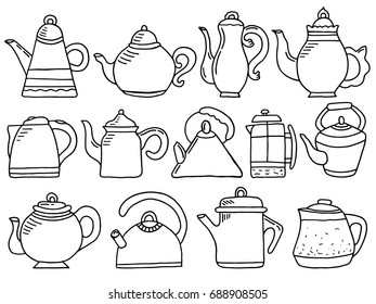 vector doodle set with teapots, hand drawn teapot doodle collection, illustration isolated on white background