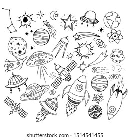 Vector doodle set of thin line icons of cosmos equipment, machinery. Observatory, rescue capsule, lunar rover, station, satellite, mission control center, rocket.