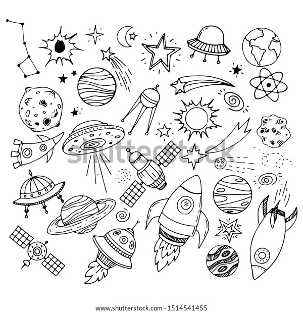 Vector doodle set of thin\
line icons of cosmos equipment, machinery. Observatory, rescue\
capsule, lunar rover, station, satellite, mission control center,\
rocket.