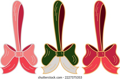 Vector doodle set of three Christmas ribbon with bows. Christmas tree decoration elements on white background