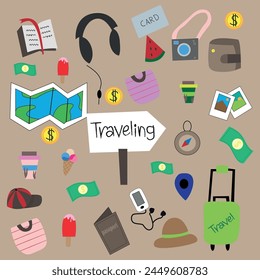 Vector doodle set of Travel. Elements on the theme of recreation.