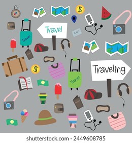 Vector doodle set of Travel. Elements on the theme of recreation.