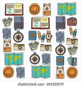 Vector doodle set with travel icons Adventure Explore Camera Passport Ticket Map Backpack Doodle pattern