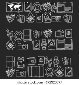 Vector doodle set with travel icons Adventure Explore Camera Passport Ticket Map Backpack Doodle pattern