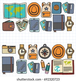Vector doodle set with travel icons Adventure Explore Camera Passport Ticket Map Backpack Doodle pattern