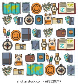 Vector doodle set with travel icons Adventure Explore Camera Passport Ticket Map Backpack Doodle pattern