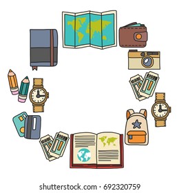 Vector doodle set with travel icons Adventure Explore Camera Passport Ticket Map Backpack Doodle pattern