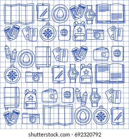 Vector doodle set with travel icons Adventure Explore Camera Passport Ticket Map Backpack Doodle pattern