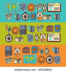 Vector doodle set with travel icons Adventure Explore Camera Passport Ticket Map Backpack Doodle pattern