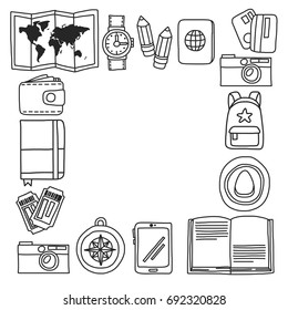 Vector doodle set with travel icons Adventure Explore Camera Passport Ticket Map Backpack Doodle pattern