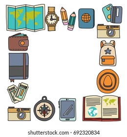 Vector doodle set with travel icons Adventure Explore Camera Passport Ticket Map Backpack Doodle pattern