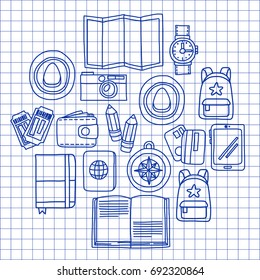 Vector doodle set with travel icons Adventure Explore Camera Passport Ticket Map Backpack Doodle pattern