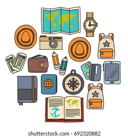 Vector doodle set with travel icons Adventure Explore Camera Passport Ticket Map Backpack Doodle pattern