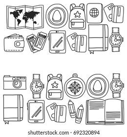 Vector doodle set with travel icons Adventure Explore Camera Passport Ticket Map Backpack Doodle pattern