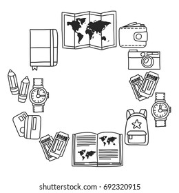 Vector doodle set with travel icons Adventure Explore Camera Passport Ticket Map Backpack Doodle pattern