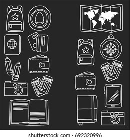 Vector doodle set with travel icons Adventure Explore Camera Passport Ticket Map Backpack Doodle pattern