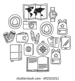 Vector doodle set with travel icons Adventure Explore Camera Passport Ticket Map Backpack Doodle pattern