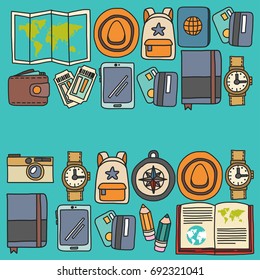 Vector doodle set with travel icons Adventure Explore Camera Passport Ticket Map Backpack Doodle pattern