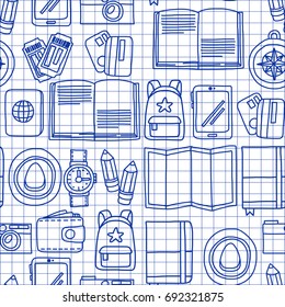 Vector doodle set with travel icons Adventure Explore Camera Passport Ticket Map Backpack Doodle pattern