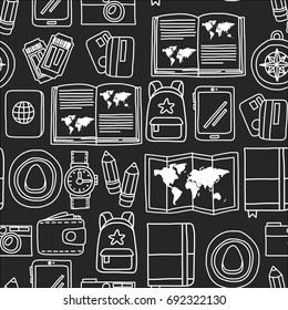 Vector doodle set with travel icons Adventure Explore Camera Passport Ticket Map Backpack Doodle pattern