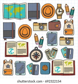 Vector doodle set with travel icons Adventure Explore Camera Passport Ticket Map Backpack Doodle seamless pattern