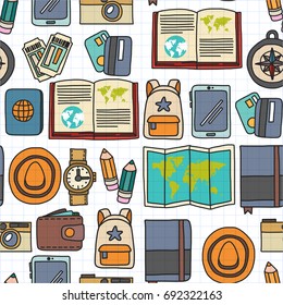 Vector doodle set with travel icons Adventure Explore Camera Passport Ticket Map Backpack Doodle pattern