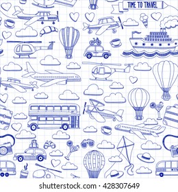 Vector doodle set of travel and transportation Car plane helicopter ballon ship