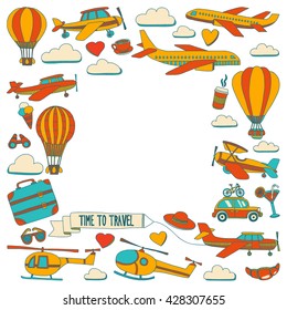 Vector doodle set of travel and transportation Car plane helicopter ballon ship