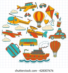 Vector doodle set of travel and transportation Car plane helicopter ballon ship