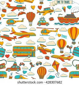 Vector doodle set of travel and transportation Car plane helicopter ballon ship