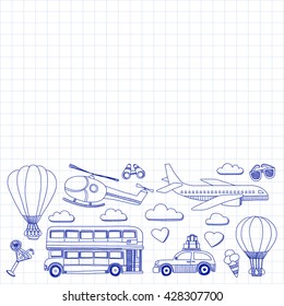 Vector doodle set of travel and transportation Car plane helicopter ballon ship