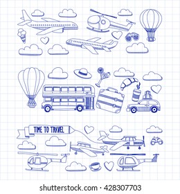 Vector doodle set of travel and transportation Car plane helicopter ballon ship