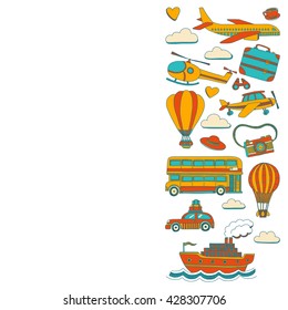 Vector doodle set of travel and transportation Car plane helicopter ballon ship