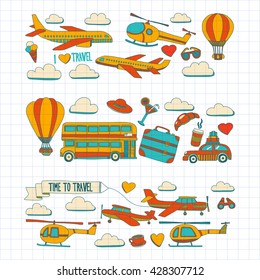 Vector doodle set of travel and transportation Car plane helicopter ballon ship
