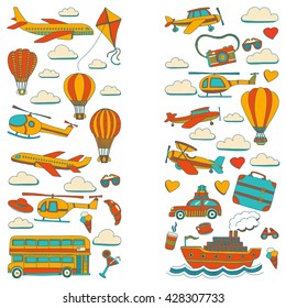 Vector doodle set of travel and transportation Car plane helicopter ballon ship