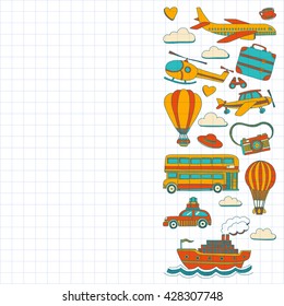 Vector doodle set of travel and transportation Car plane helicopter ballon ship