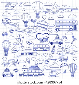 Vector doodle set of travel and transportation Car plane helicopter ballon ship