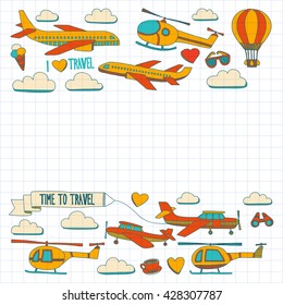 Vector doodle set of travel and transportation Car plane helicopter ballon ship