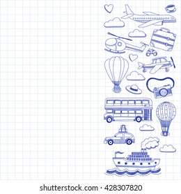 Vector doodle set of travel and transportation Car plane helicopter ballon ship