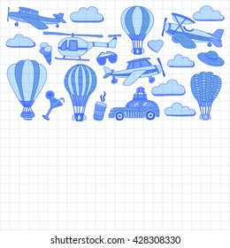 Vector doodle set of travel and transportation Car plane helicopter ballon ship