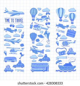 Vector doodle set of travel and transportation Car plane helicopter ballon ship